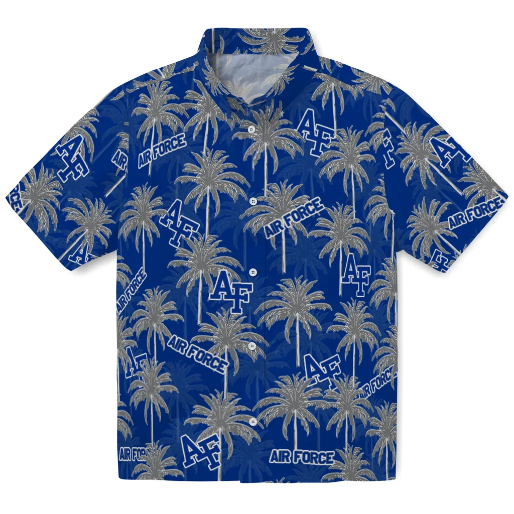 Air Force Falcons Hawaiian Shirt - Palm Tree Motif air force falcons palm grove blue hawaiian shirts best selling