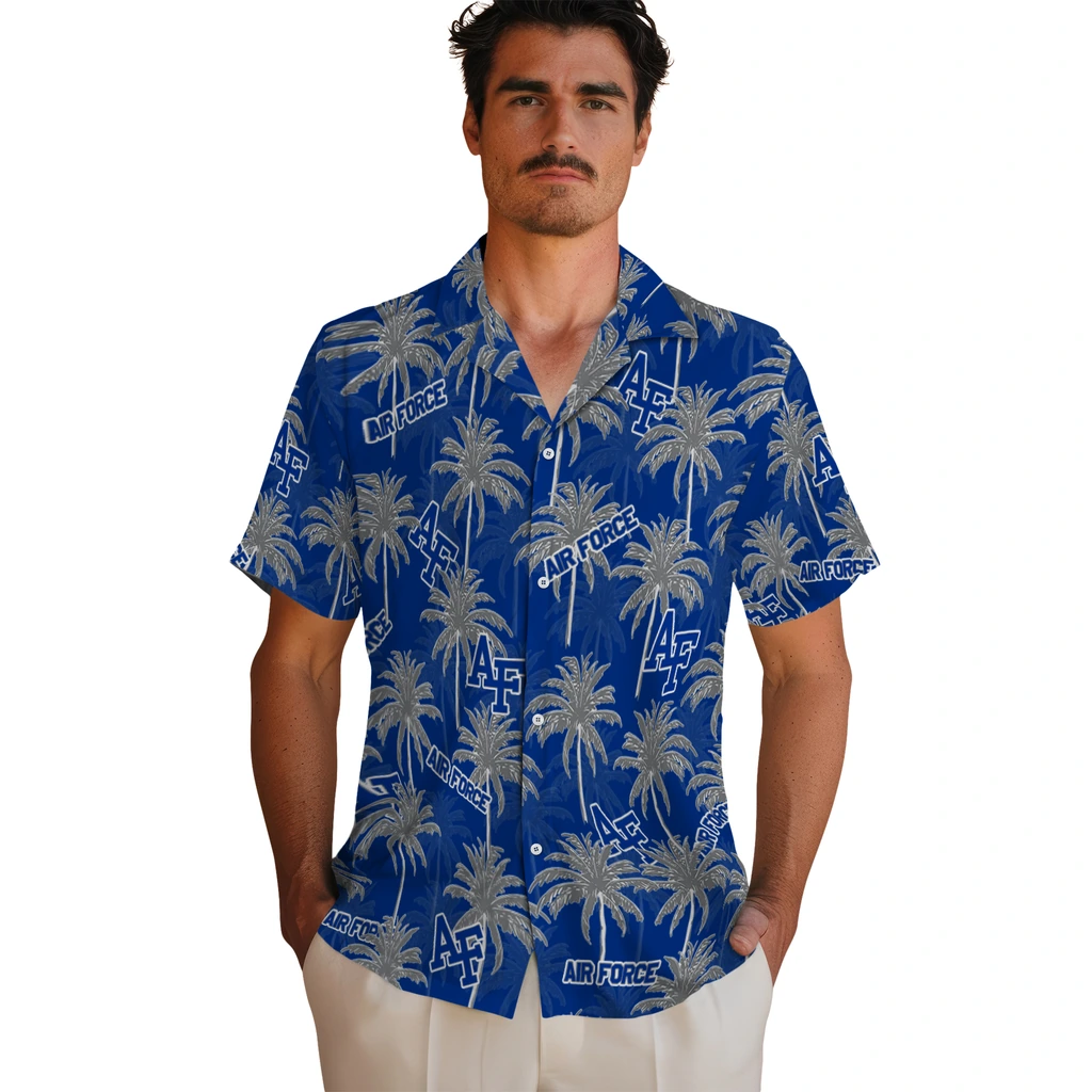 Air Force Falcons Hawaiian Shirt - Palm Tree Motif air force falcons palm grove blue hawaiian shirts fashion forward