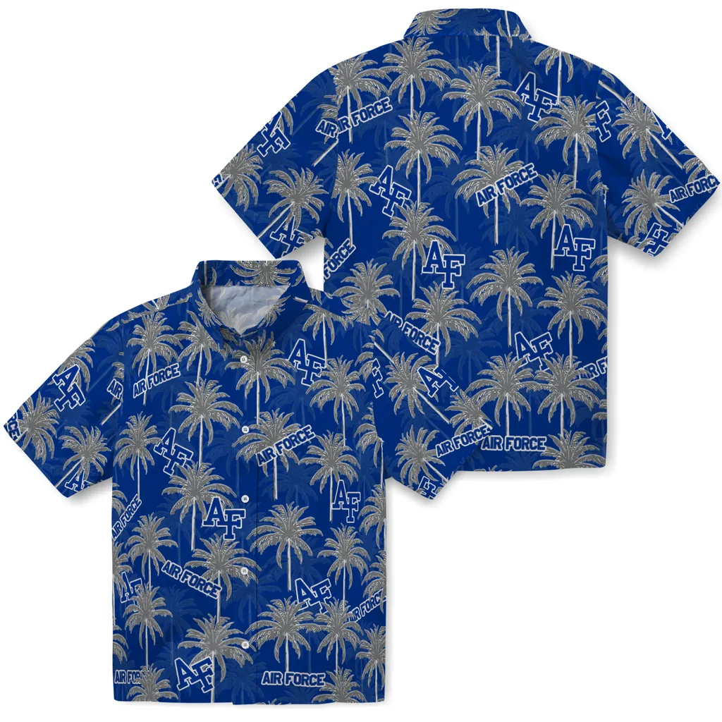 Air Force Falcons Hawaiian Shirt - Palm Tree Motif air force falcons palm grove blue hawaiian shirts high quality