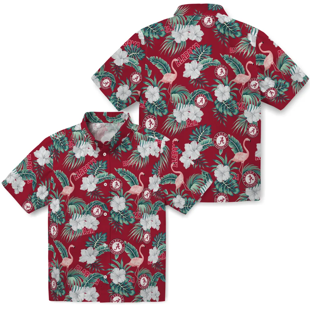 Alabama Crimson Tide Hawaiian Shirt - Flamingo and Hibiscus alabama crimson tide flamingo palms crimson hawaiian shirts high quality