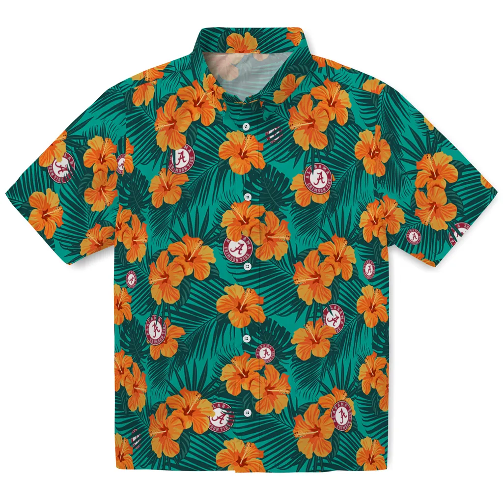 Alabama Crimson Tide Hawaiian Shirt - Hibiscus and Palm Leaves alabama crimson tide hibiscus escape green hawaiian shirts best selling