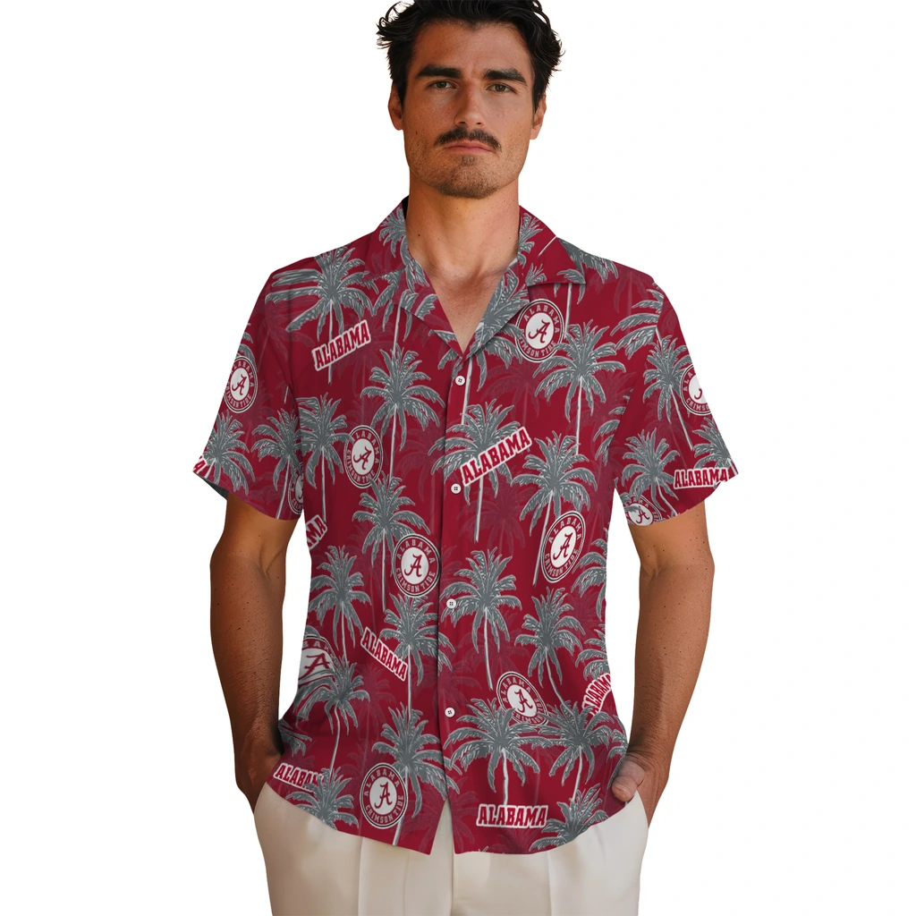 Alabama Crimson Tide Hawaiian Shirt - Palm Tree Motif alabama crimson tide palm grove crimson hawaiian shirts fashion forward