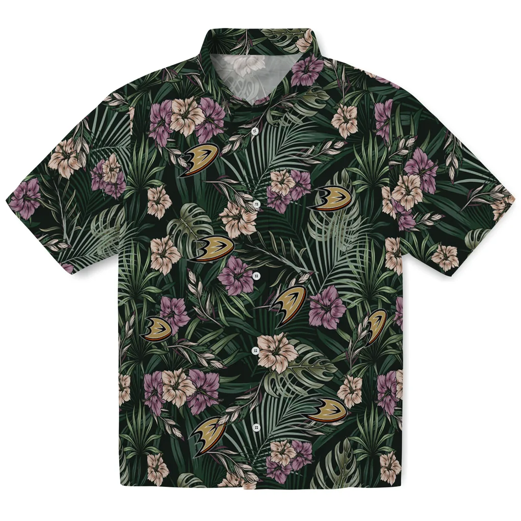 Anaheim Ducks Hawaiian Shirt - Hibiscus Leaves Pattern anaheim ducks hibiscus leaves pattern green hawaiian shirts best selling