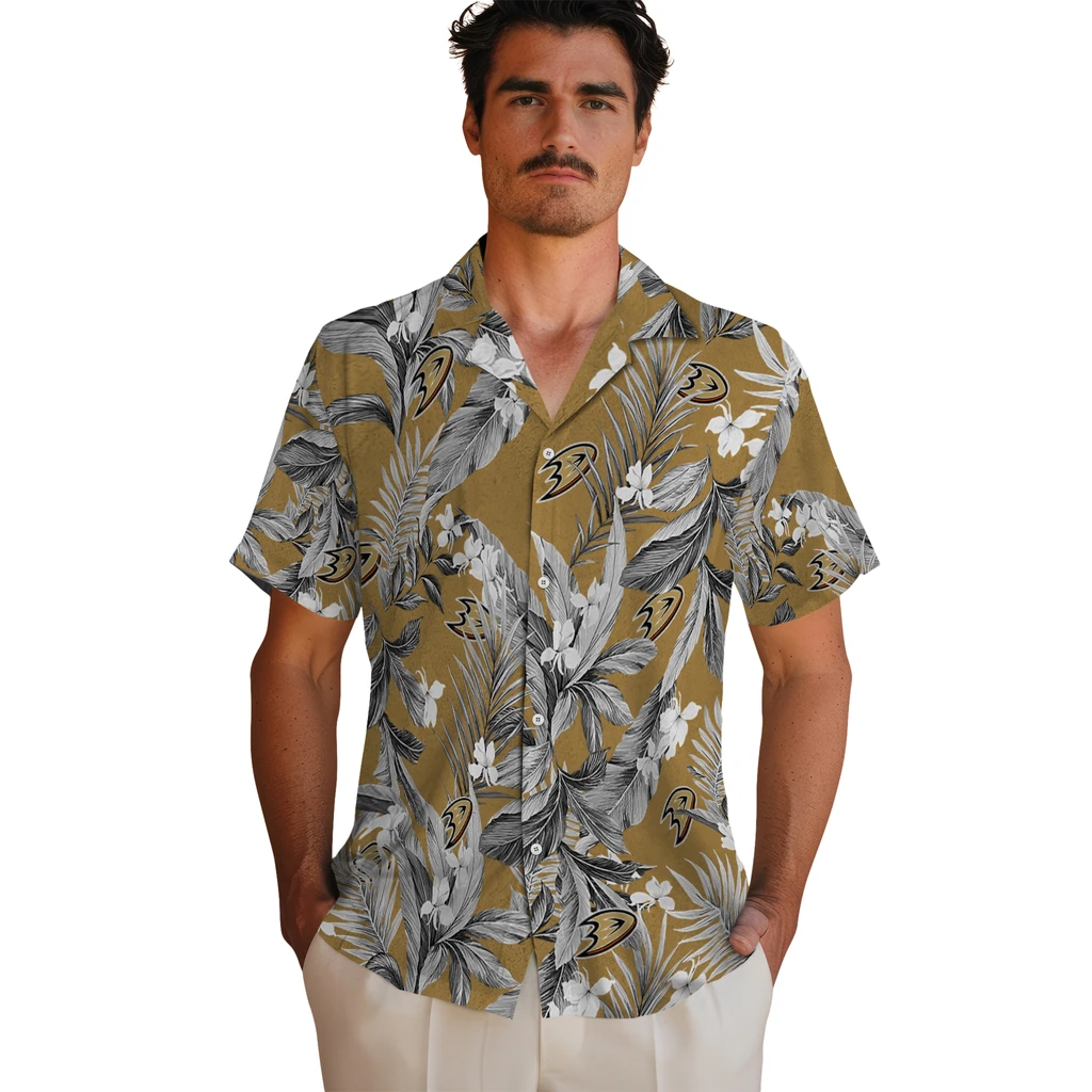 Anaheim Ducks Hawaiian Shirt - Palm Leaves anaheim ducks palm leaves gold hawaiian shirts fashion forward