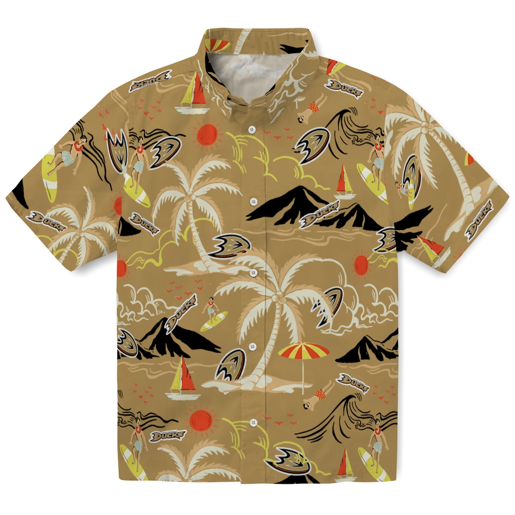 Anaheim Ducks Hawaiian Shirt - Palm Tree Island anaheim ducks palm tree island gold hawaiian shirts best selling