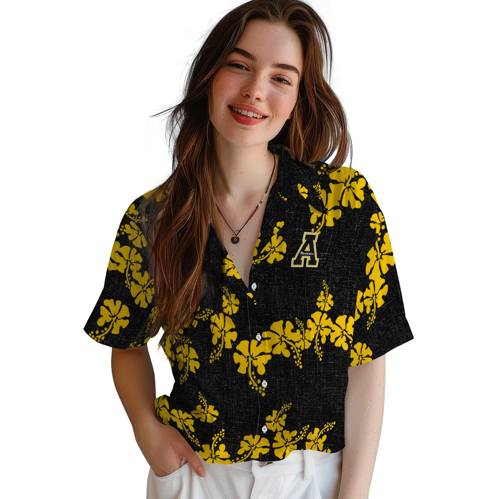 Appalachian State Mountaineers Hawaiian Shirt - 50th State Flower appalachian state mountaineers hibiscus petals black hawaiian shirts latest model