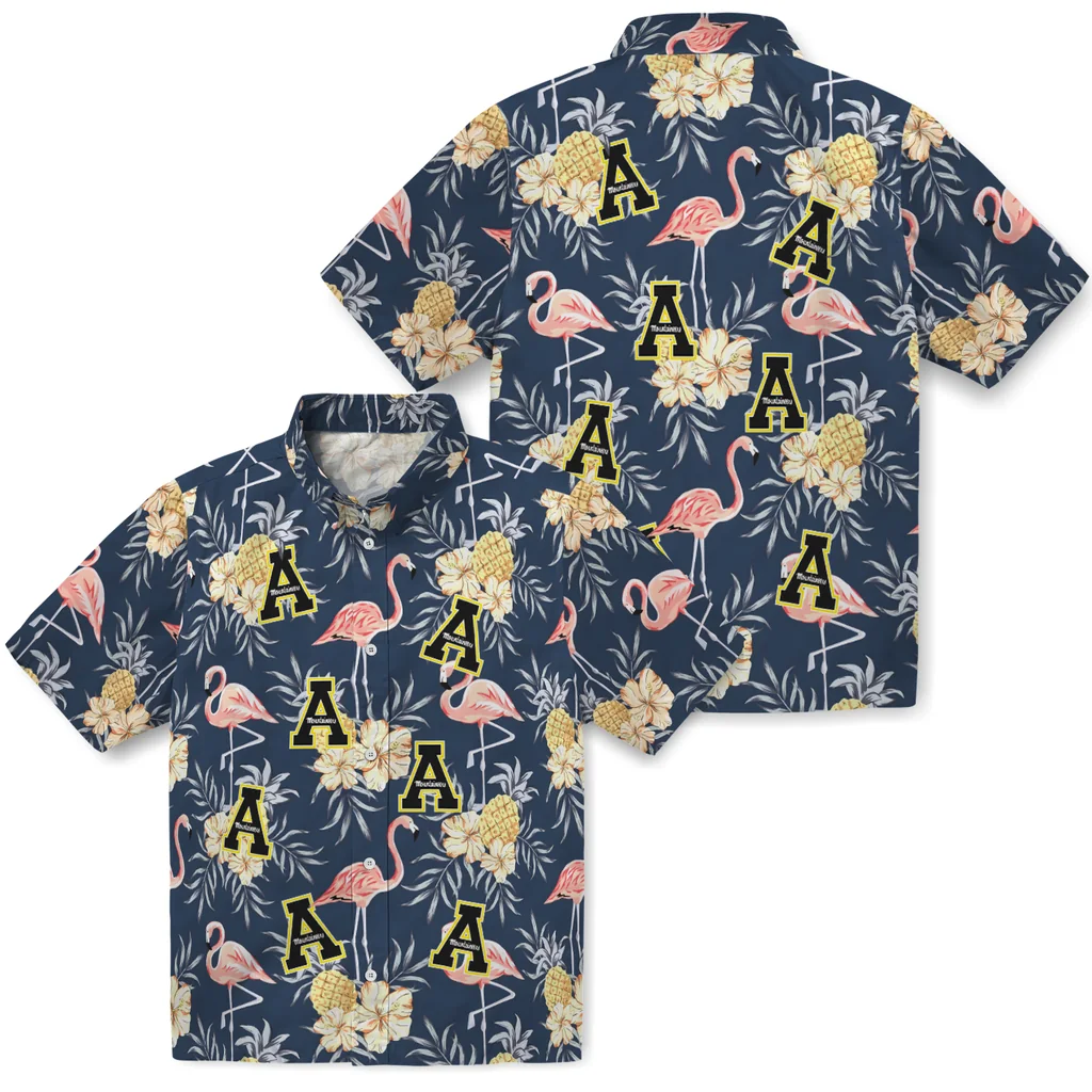 Appalachian State Mountaineers Hawaiian Shirt - Flamingo Hibiscus appalachian state mountaineers flamingo hibiscus navy hawaiian shirts high quality