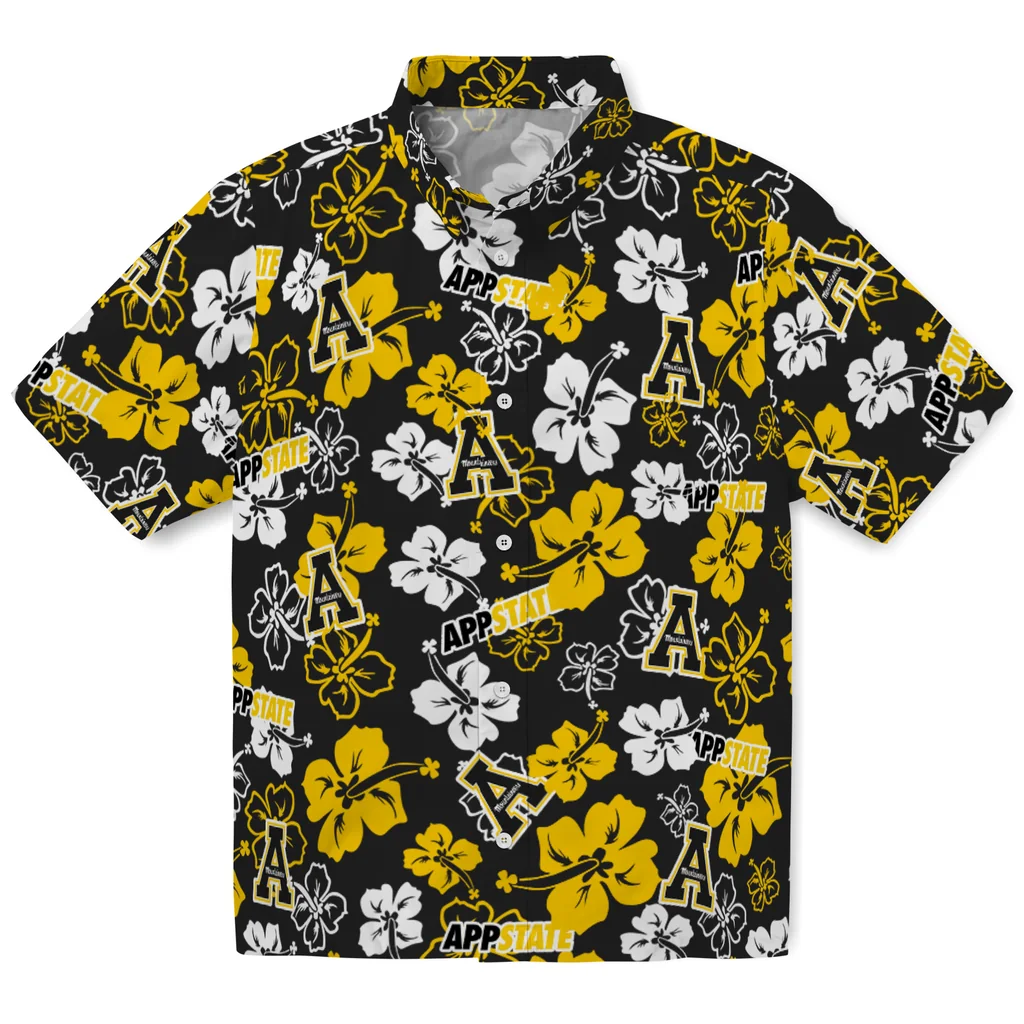 Appalachian State Mountaineers Hawaiian Shirt - Hibiscus Flower Design appalachian state mountaineers hibiscus bloom black hawaiian shirts best selling