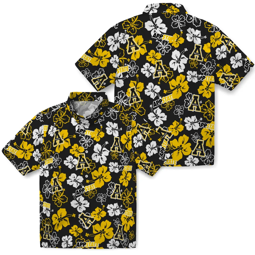 Appalachian State Mountaineers Hawaiian Shirt - Hibiscus Flower Design appalachian state mountaineers hibiscus bloom black hawaiian shirts high quality