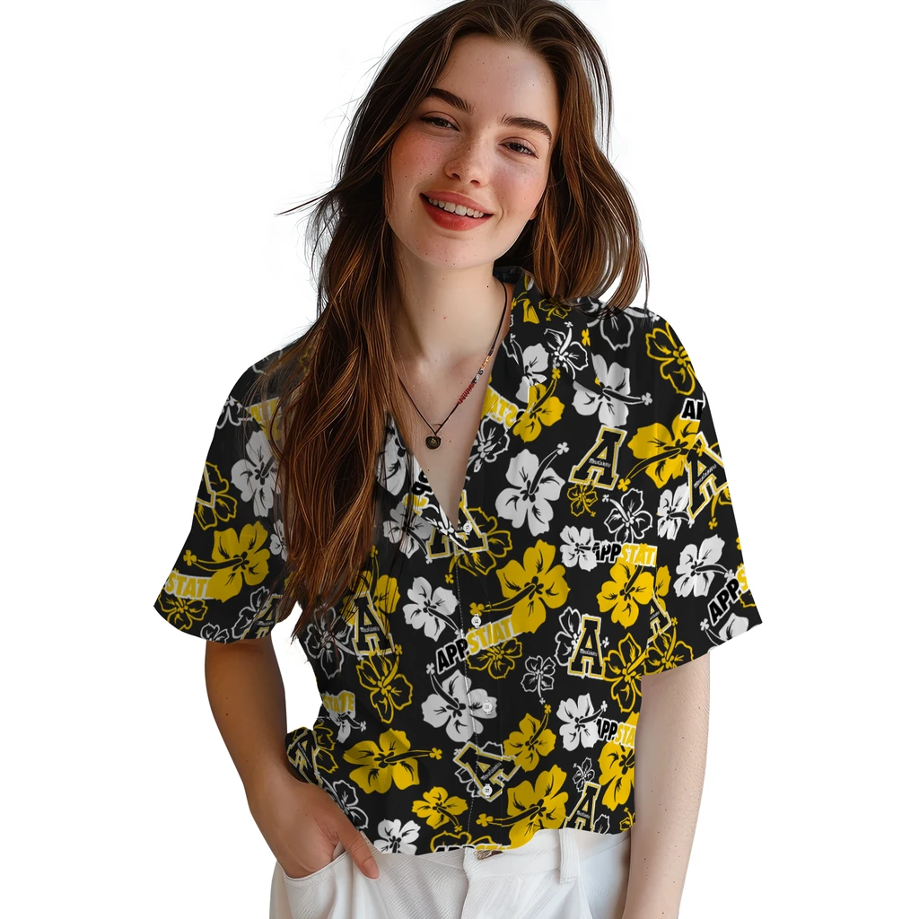 Appalachian State Mountaineers Hawaiian Shirt - Hibiscus Flower Design appalachian state mountaineers hibiscus bloom black hawaiian shirts latest model