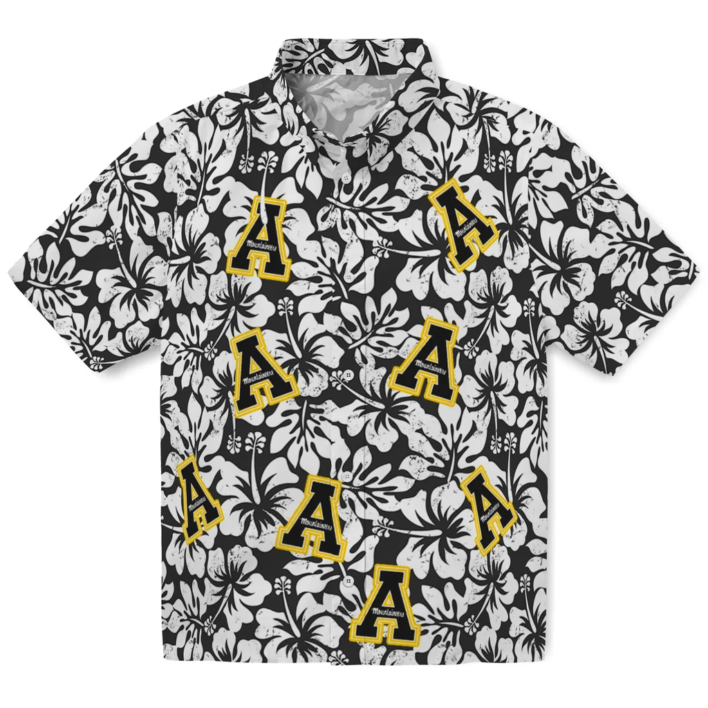 Appalachian State Mountaineers Hawaiian Shirt - Hibiscus Motif appalachian state mountaineers hibiscus motif black white hawaiian shirts best selling