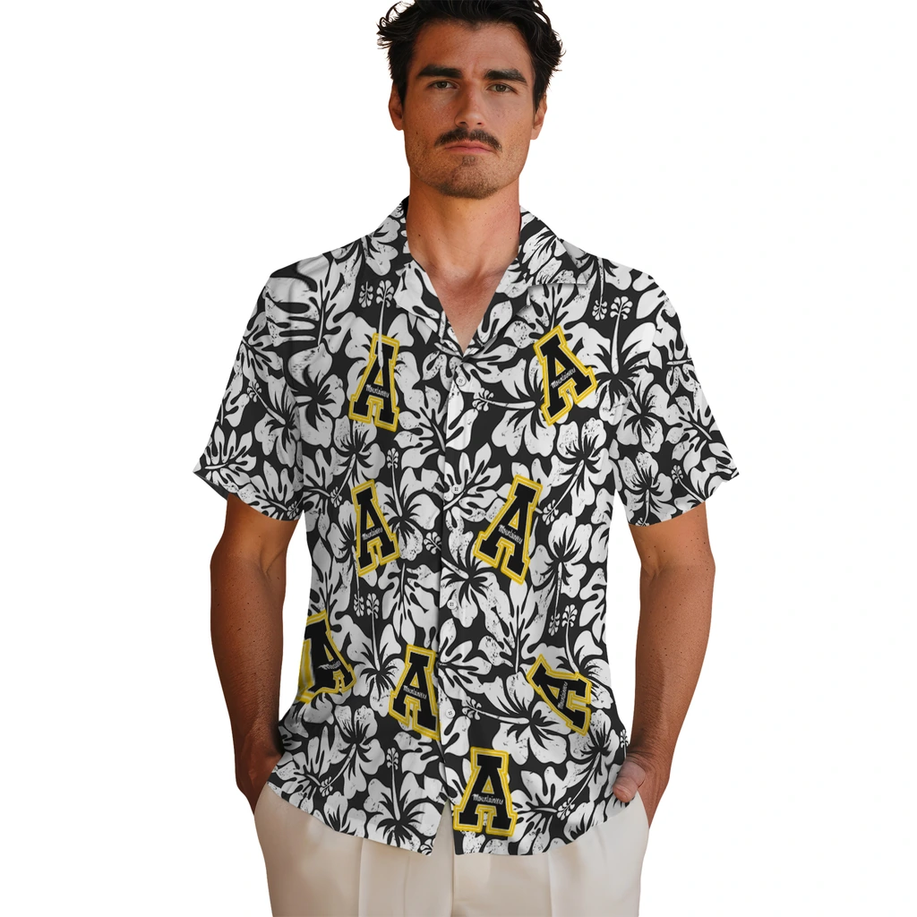Appalachian State Mountaineers Hawaiian Shirt - Hibiscus Motif appalachian state mountaineers hibiscus motif black white hawaiian shirts fashion forward