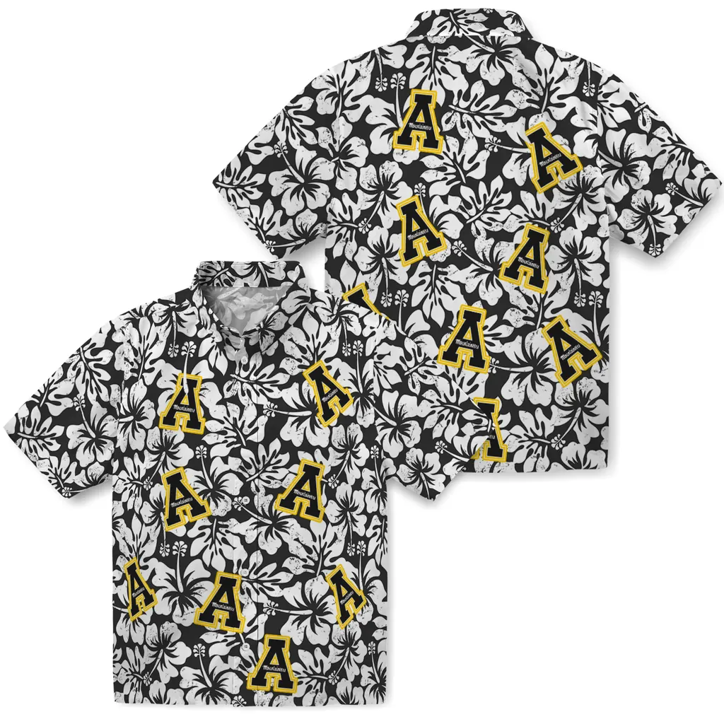 Appalachian State Mountaineers Hawaiian Shirt - Hibiscus Motif appalachian state mountaineers hibiscus motif black white hawaiian shirts high quality