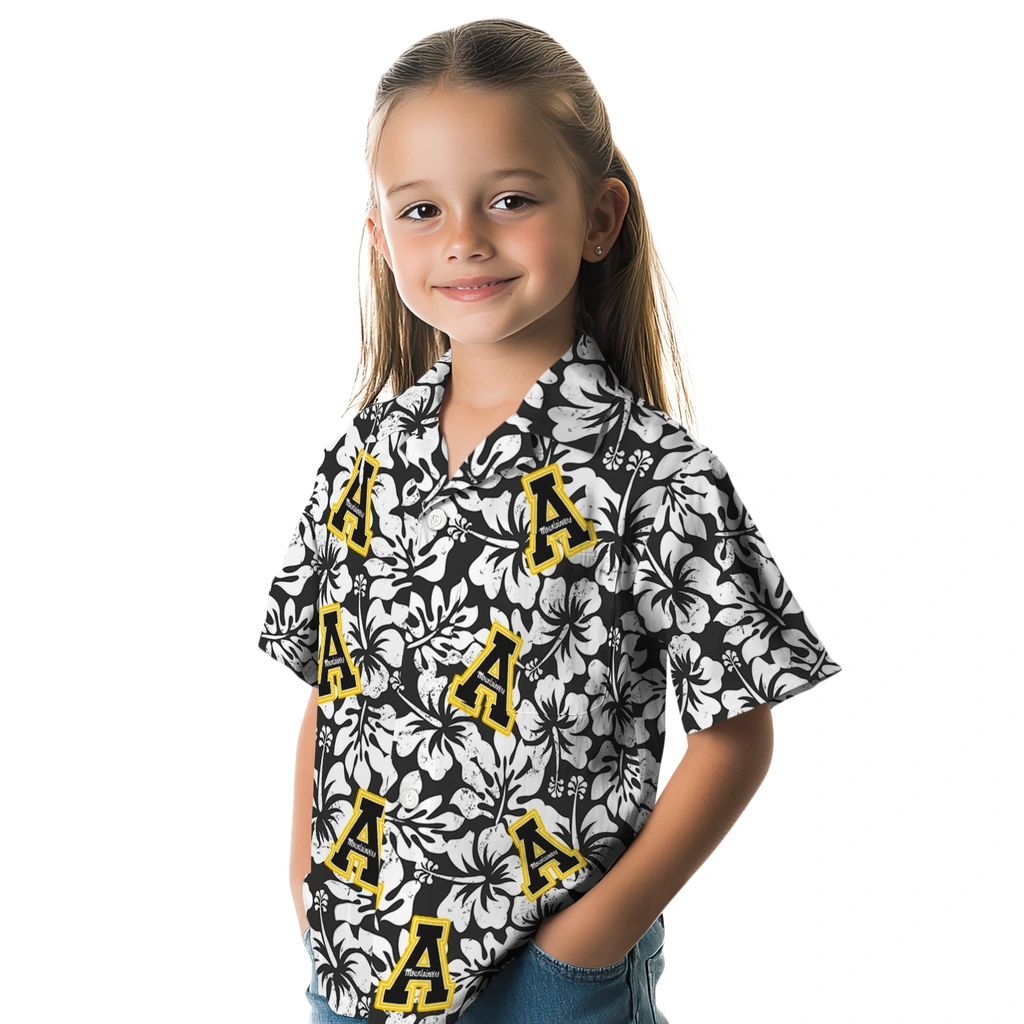 Appalachian State Mountaineers Hawaiian Shirt - Hibiscus Motif appalachian state mountaineers hibiscus motif black white hawaiian shirts premium grade