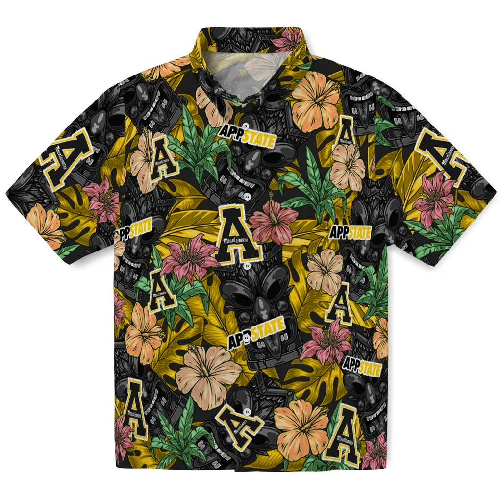 Appalachian State Mountaineers Hawaiian Shirt - Hibiscus Tiki Jungle appalachian state mountaineers tiki jungle black hawaiian shirts best selling