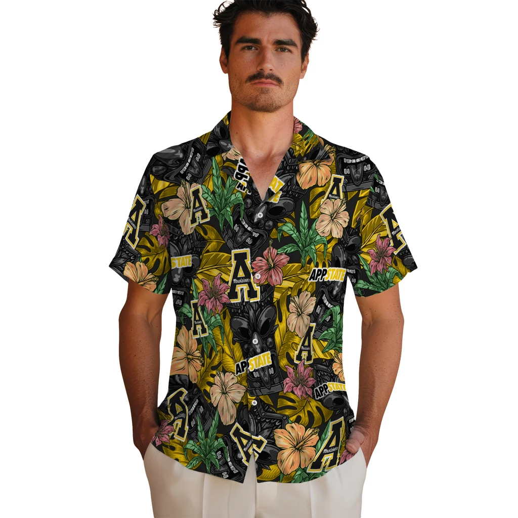 Appalachian State Mountaineers Hawaiian Shirt - Hibiscus Tiki Jungle appalachian state mountaineers tiki jungle black hawaiian shirts fashion forward