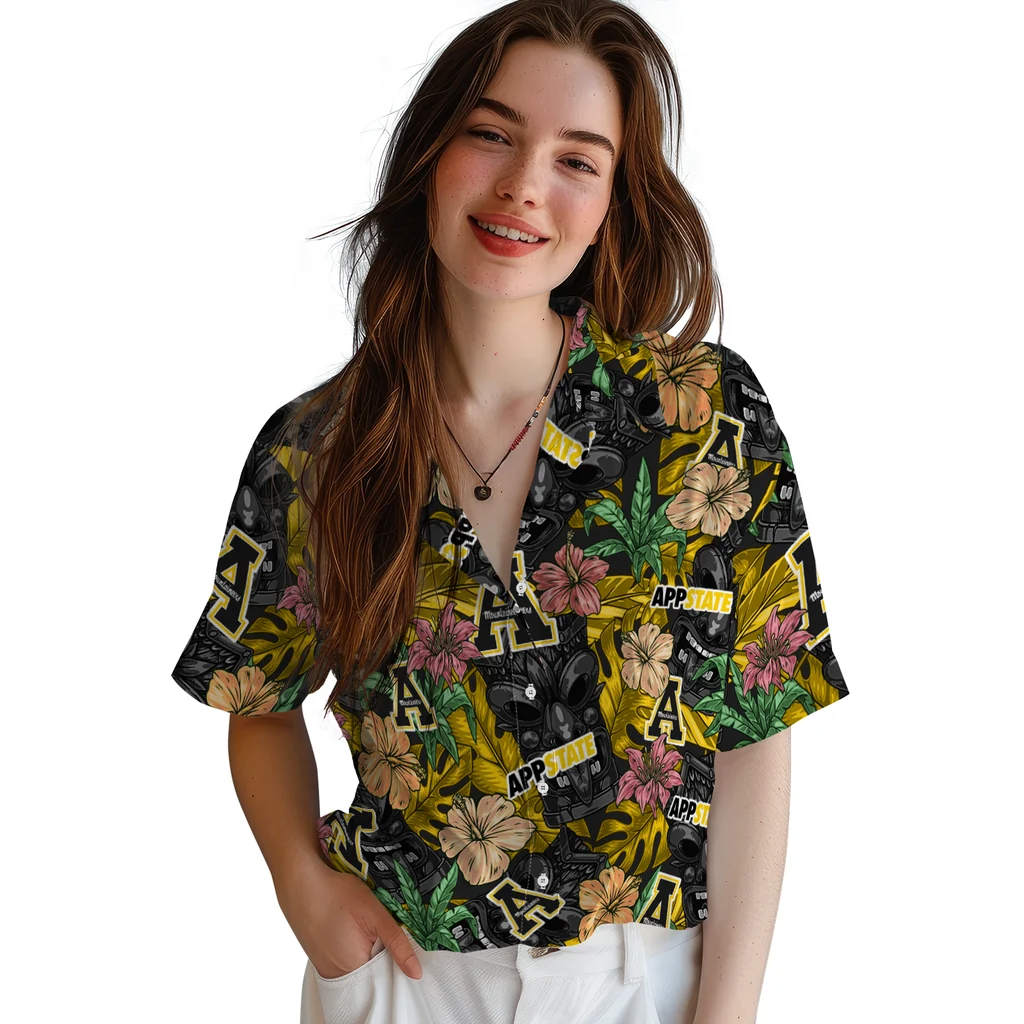 Appalachian State Mountaineers Hawaiian Shirt - Hibiscus Tiki Jungle appalachian state mountaineers tiki jungle black hawaiian shirts latest model
