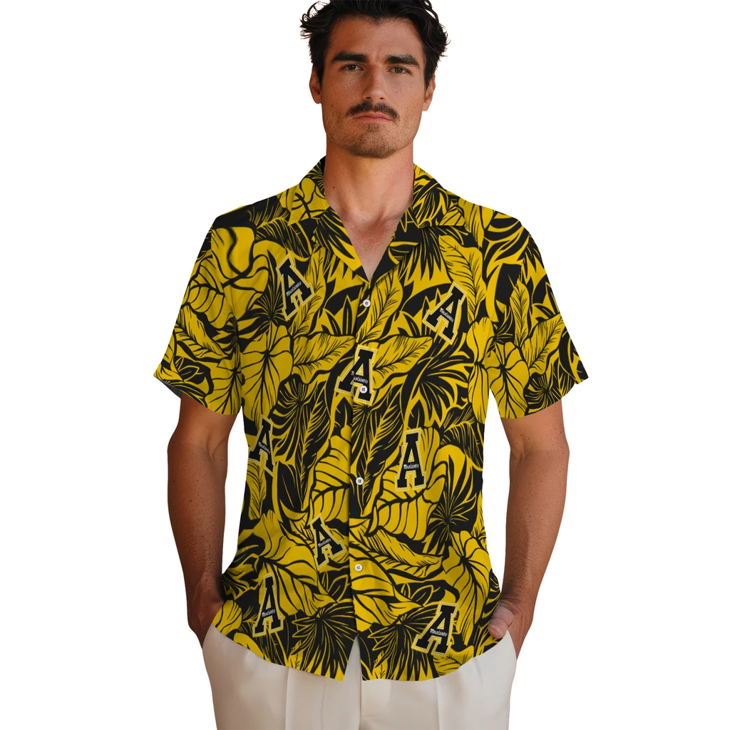 Appalachian State Mountaineers Hawaiian Shirt - Monstera Layer appalachian state mountaineers monstera layer black hawaiian shirts fashion forward