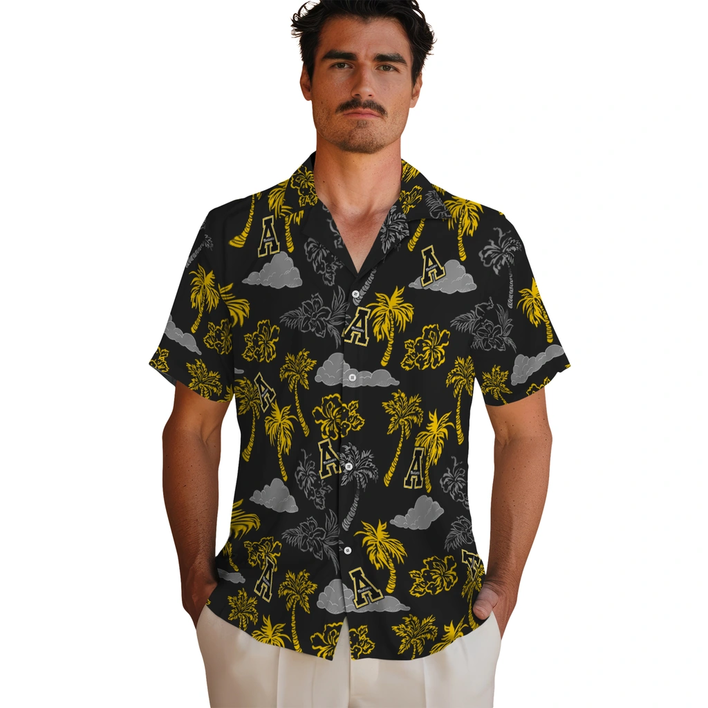 Appalachian State Mountaineers Hawaiian Shirt - Palm And Clouds appalachian state mountaineers palm and clouds black hawaiian shirts fashion forward