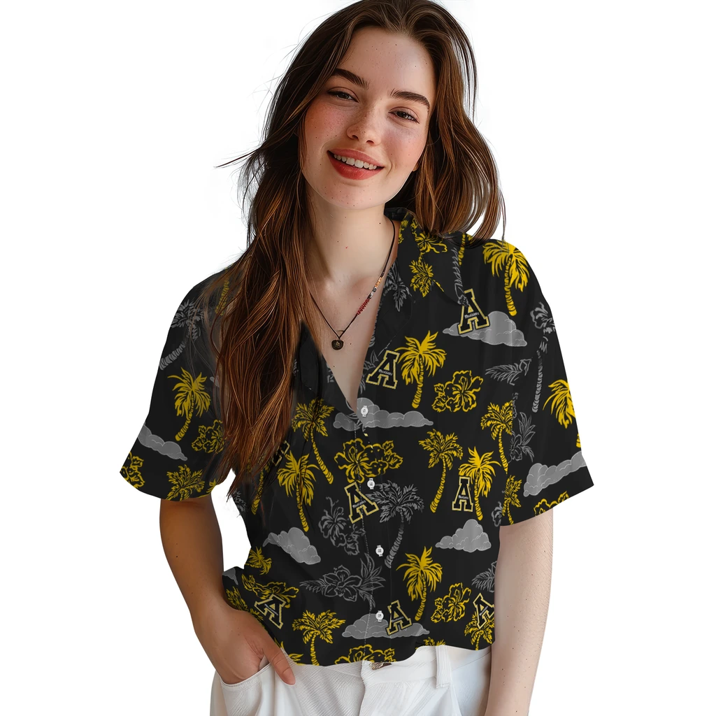Appalachian State Mountaineers Hawaiian Shirt - Palm And Clouds appalachian state mountaineers palm and clouds black hawaiian shirts latest model