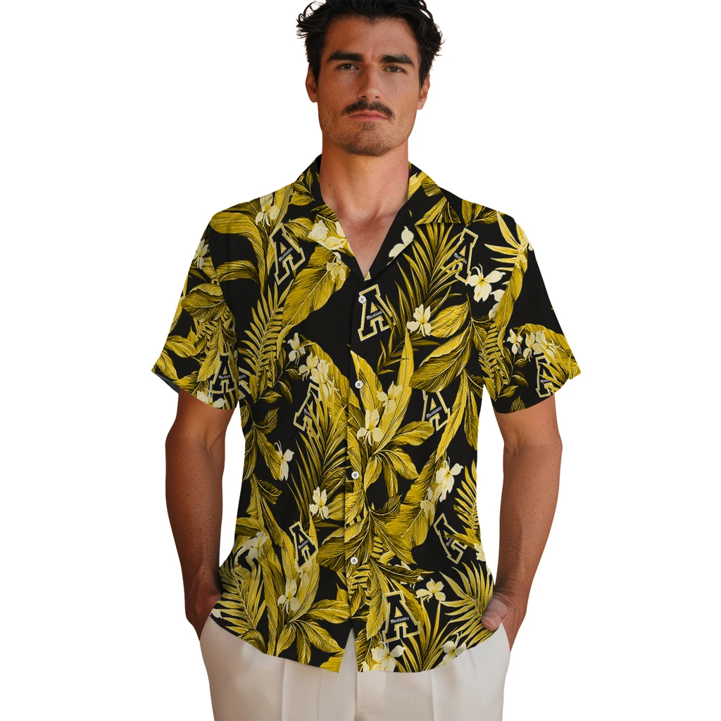 Appalachian State Mountaineers Hawaiian Shirt - Palm Leaves appalachian state mountaineers palm leaves black hawaiian shirts fashion forward