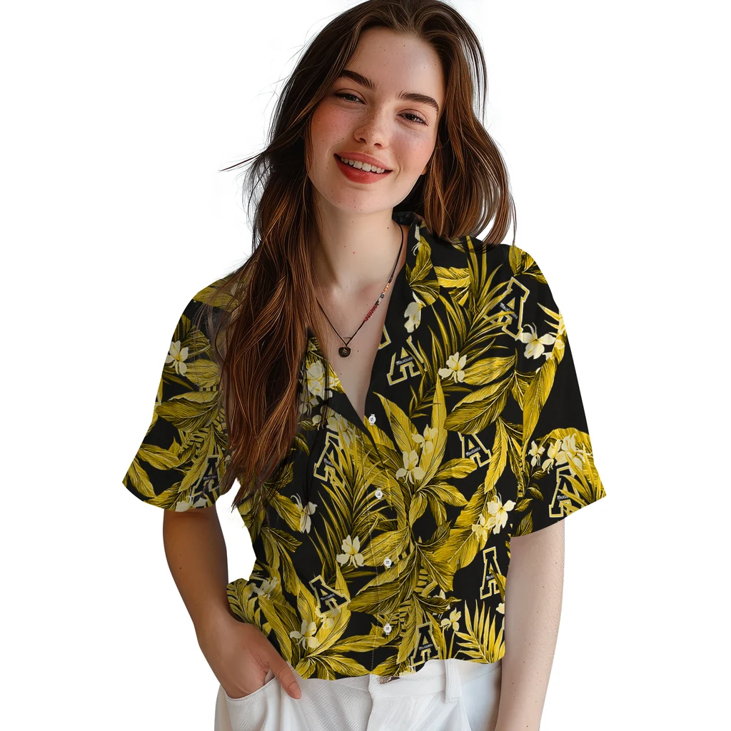 Appalachian State Mountaineers Hawaiian Shirt - Palm Leaves appalachian state mountaineers palm leaves black hawaiian shirts latest model