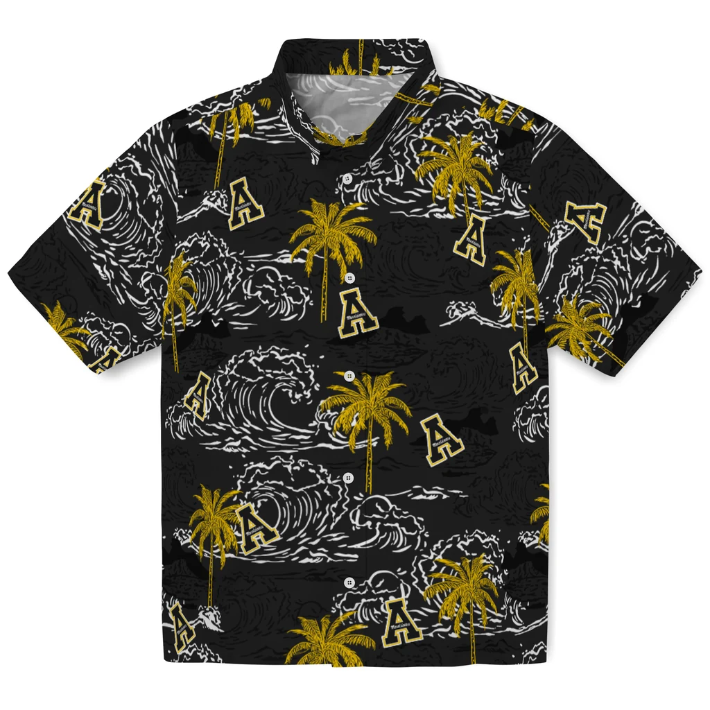 Appalachian State Mountaineers Hawaiian Shirt - Wave Palm appalachian state mountaineers wave palm black hawaiian shirts best selling