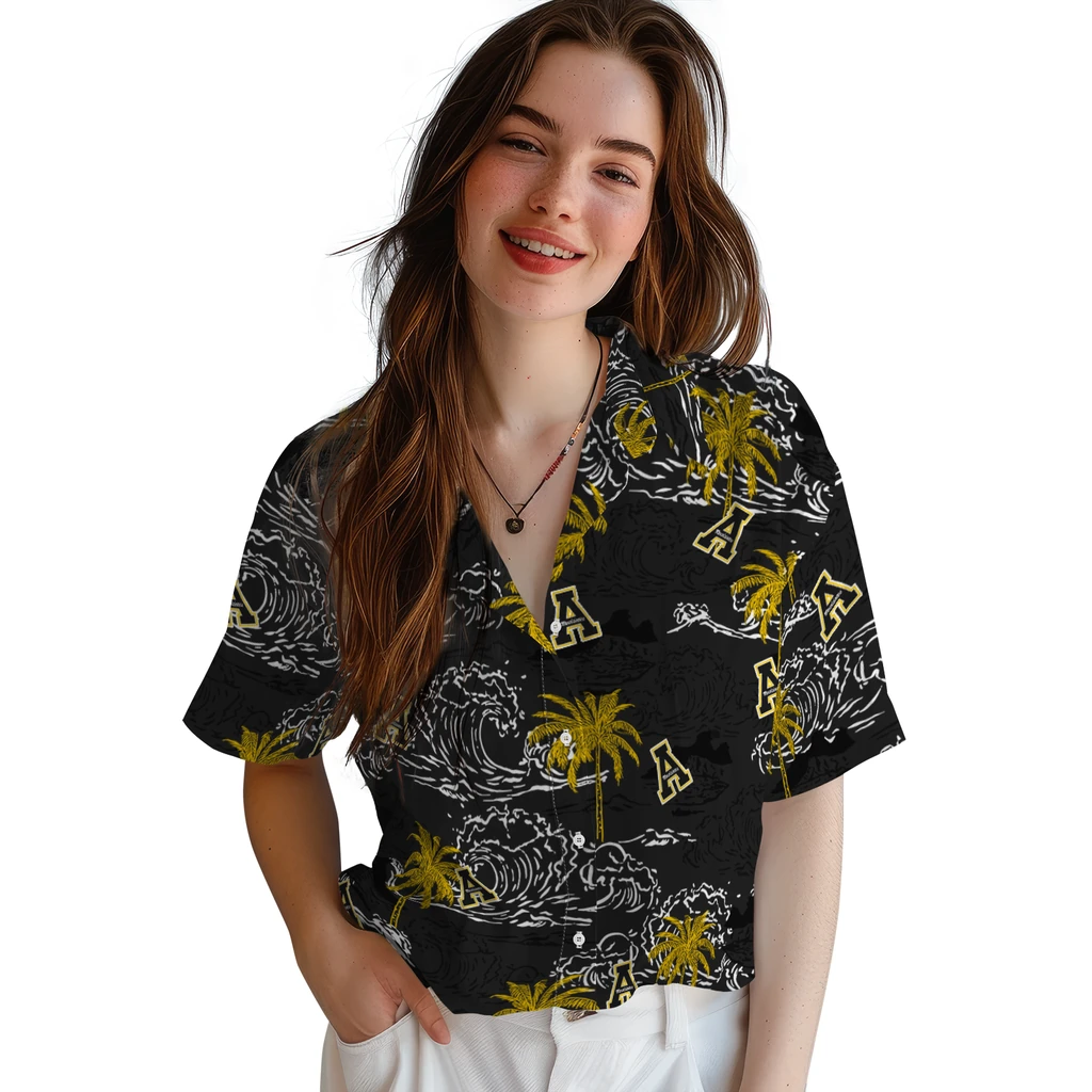 Appalachian State Mountaineers Hawaiian Shirt - Wave Palm appalachian state mountaineers wave palm black hawaiian shirts latest model