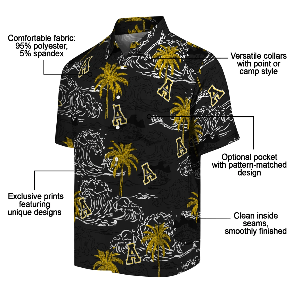 Appalachian State Mountaineers Hawaiian Shirt - Wave Palm appalachian state mountaineers wave palm black hawaiian shirts new arrival