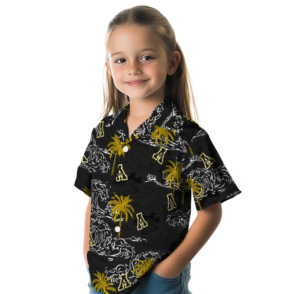 Appalachian State Mountaineers Hawaiian Shirt - Wave Palm appalachian state mountaineers wave palm black hawaiian shirts premium grade