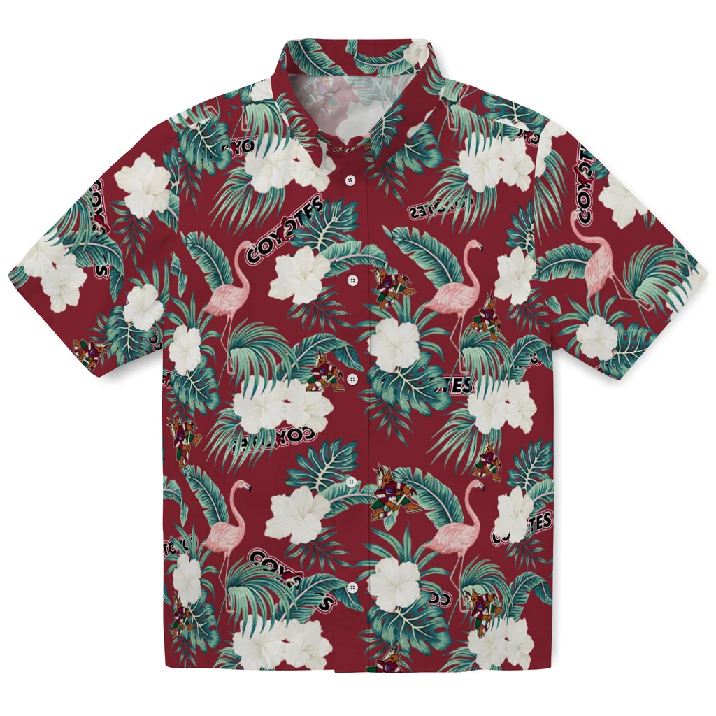 Arizona Coyotes Hawaiian Shirt - Flamingo and Hibiscus arizona coyotes flamingo palms red hawaiian shirts best selling