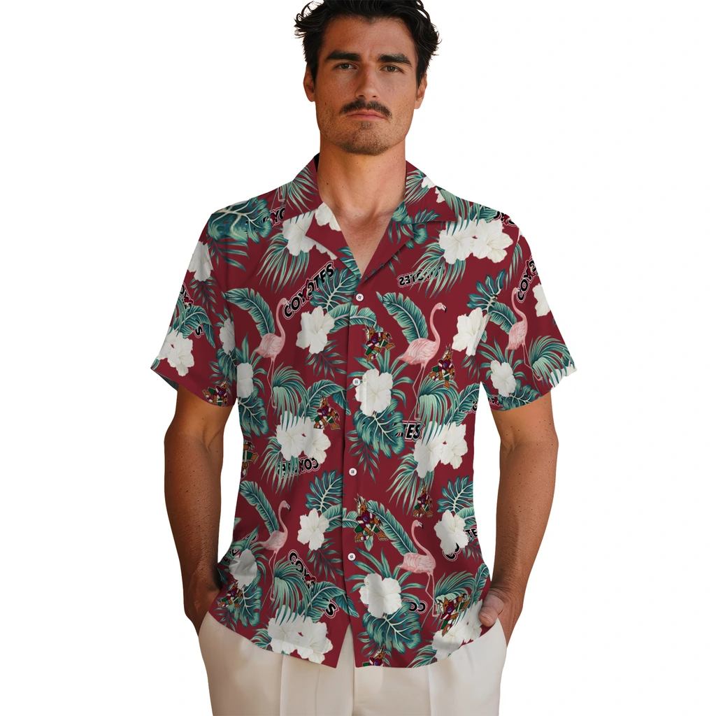 Arizona Coyotes Hawaiian Shirt - Flamingo and Hibiscus arizona coyotes flamingo palms red hawaiian shirts fashion forward