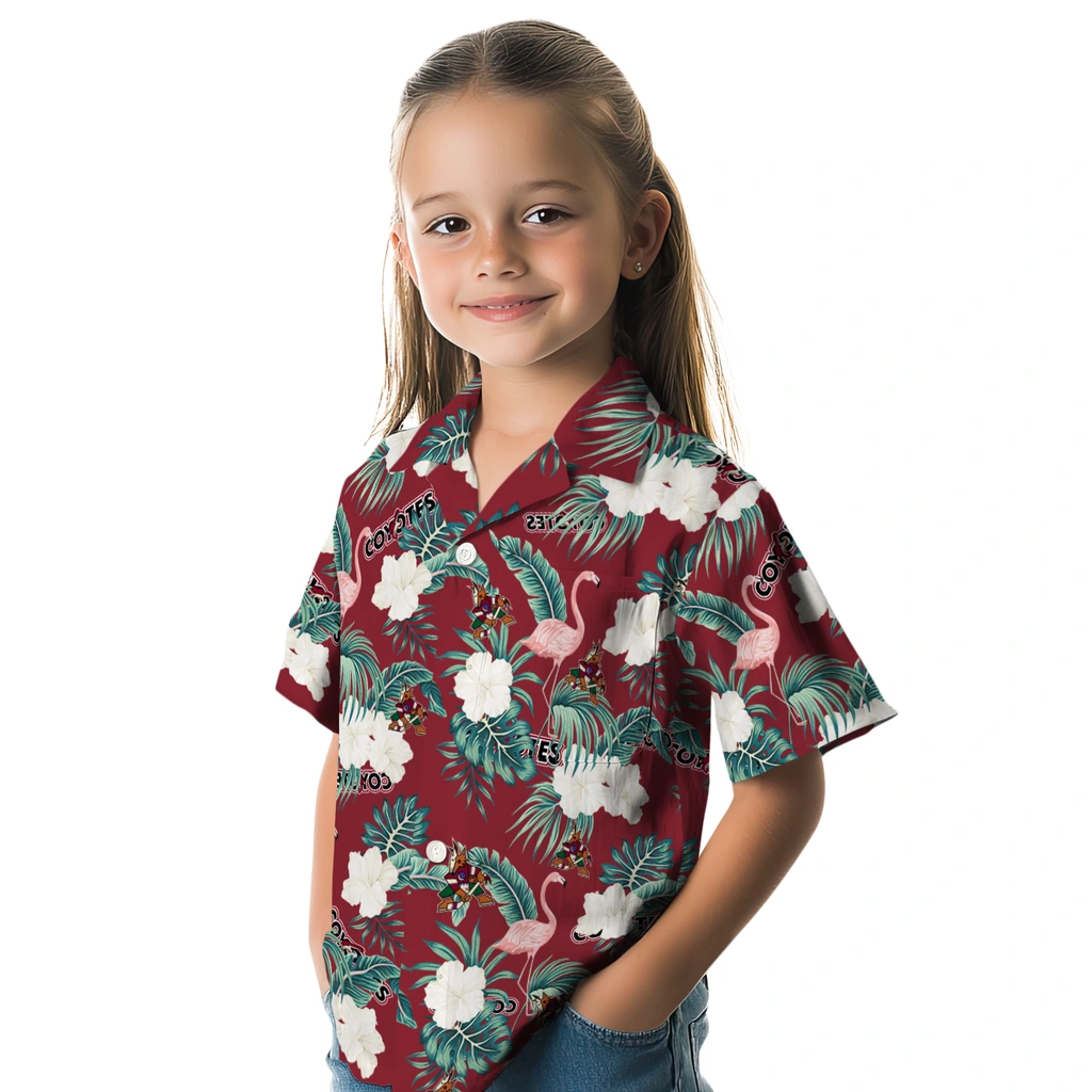 Arizona Coyotes Hawaiian Shirt - Flamingo and Hibiscus arizona coyotes flamingo palms red hawaiian shirts premium grade
