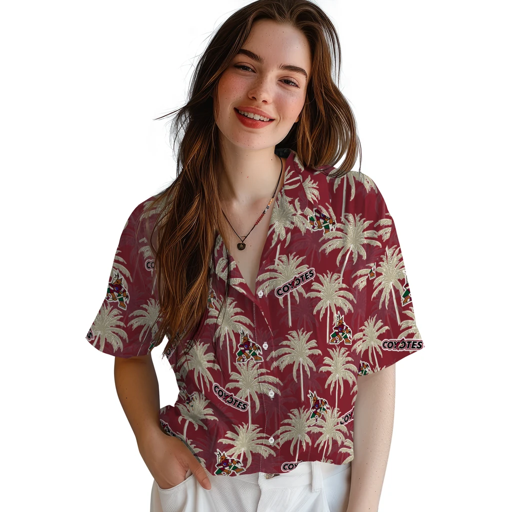 Arizona Coyotes Hawaiian Shirt - Palm Tree Motif arizona coyotes palm grove red hawaiian shirts latest model