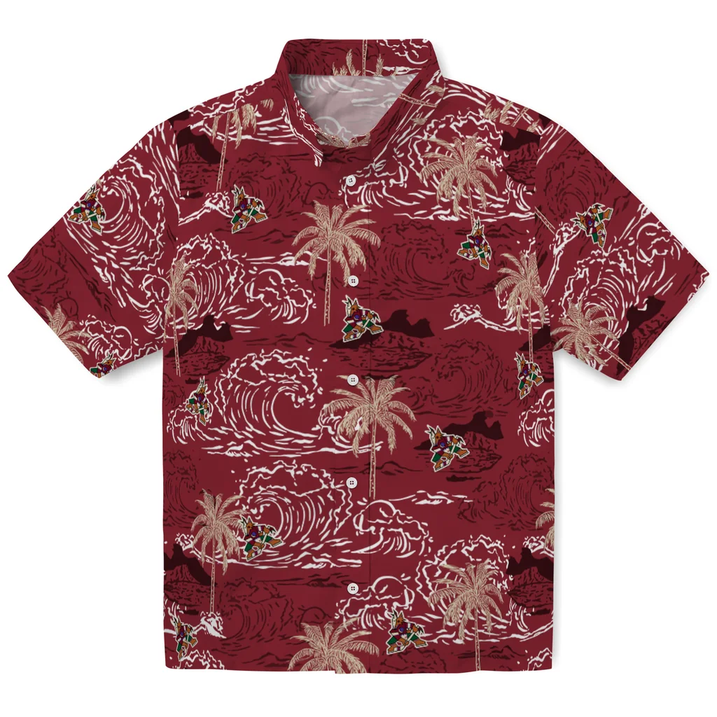 Arizona Coyotes Hawaiian Shirt - Wave Palm arizona coyotes wave palm red hawaiian shirts best selling