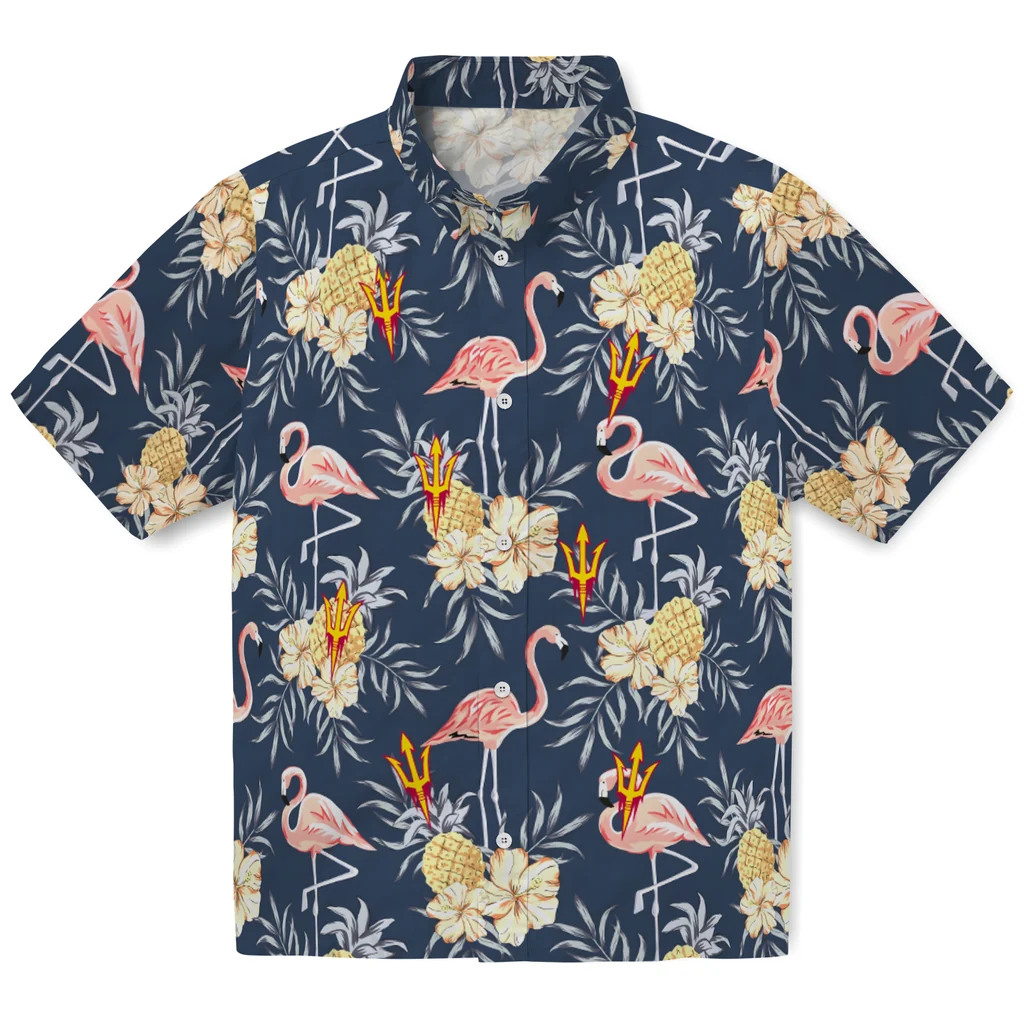 Arizona State Sun Devils Hawaiian Shirt - Flamingo Hibiscus arizona state sun devils flamingo hibiscus navy hawaiian shirts best selling