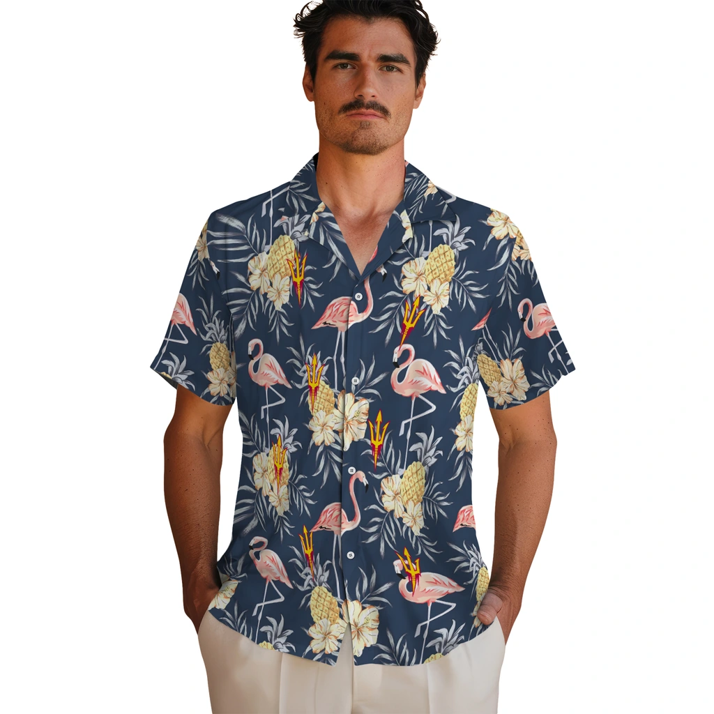 Arizona State Sun Devils Hawaiian Shirt - Flamingo Hibiscus arizona state sun devils flamingo hibiscus navy hawaiian shirts fashion forward