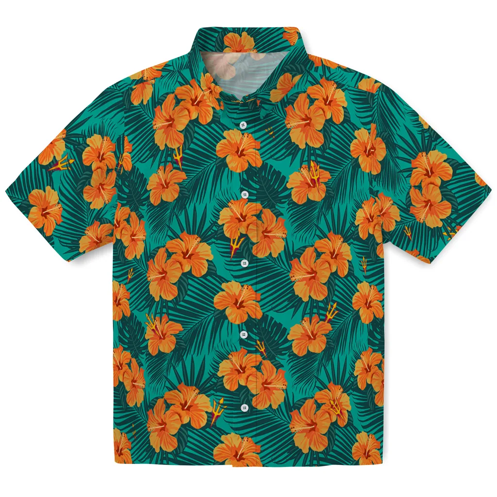 Arizona State Sun Devils Hawaiian Shirt - Hibiscus and Palm Leaves arizona state sun devils hibiscus escape green hawaiian shirts best selling