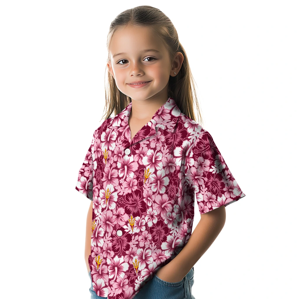 Arizona State Sun Devils Hawaiian Shirt - Hibiscus Blooms arizona state sun devils hibiscus blooms maroon hawaiian shirts premium grade