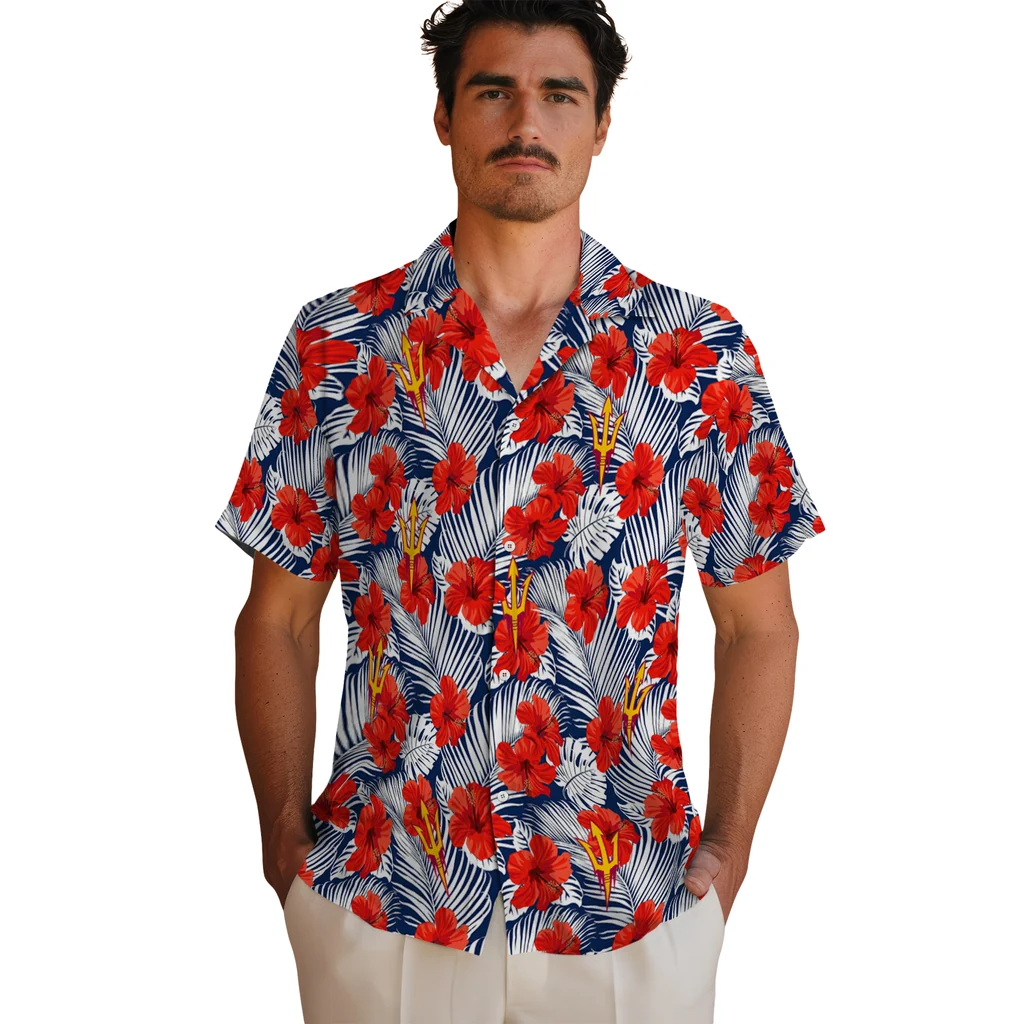 Arizona State Sun Devils Hawaiian Shirt - Hibiscus Fiesta arizona state sun devils hibiscus fiesta red royal blue hawaiian shirts fashion forward