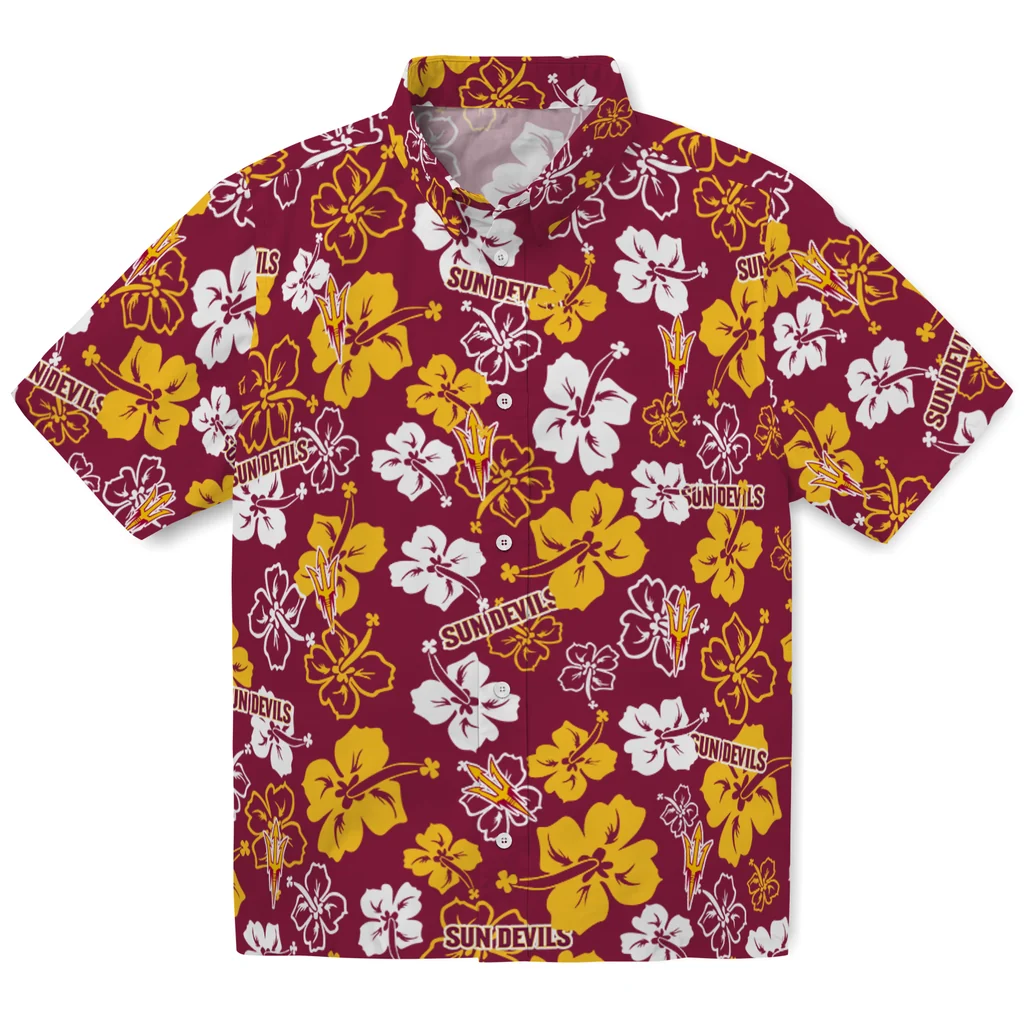 Arizona State Sun Devils Hawaiian Shirt - Hibiscus Flower Design arizona state sun devils hibiscus bloom maroon hawaiian shirts best selling