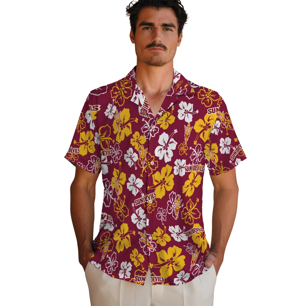 Arizona State Sun Devils Hawaiian Shirt - Hibiscus Flower Design arizona state sun devils hibiscus bloom maroon hawaiian shirts fashion forward