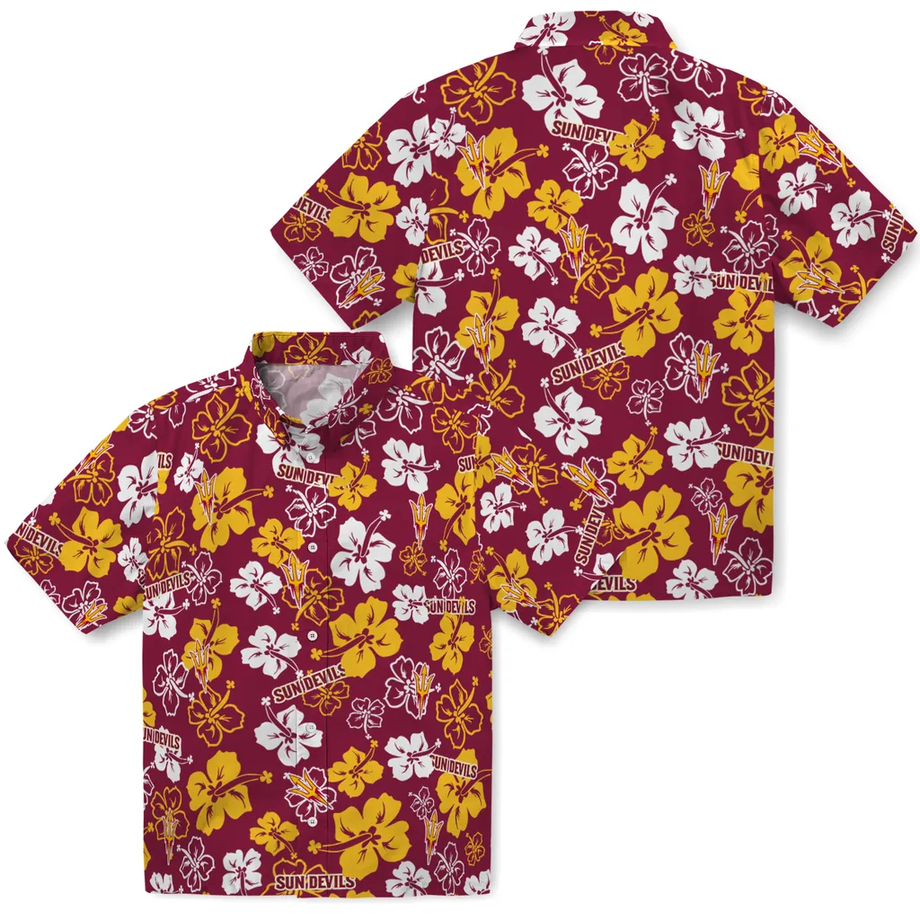 Arizona State Sun Devils Hawaiian Shirt - Hibiscus Flower Design arizona state sun devils hibiscus bloom maroon hawaiian shirts high quality