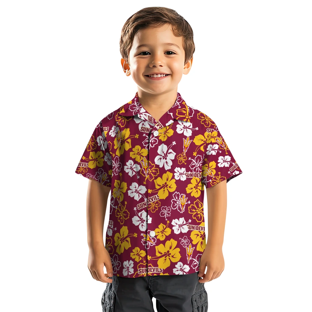 Arizona State Sun Devils Hawaiian Shirt - Hibiscus Flower Design arizona state sun devils hibiscus bloom maroon hawaiian shirts top rated