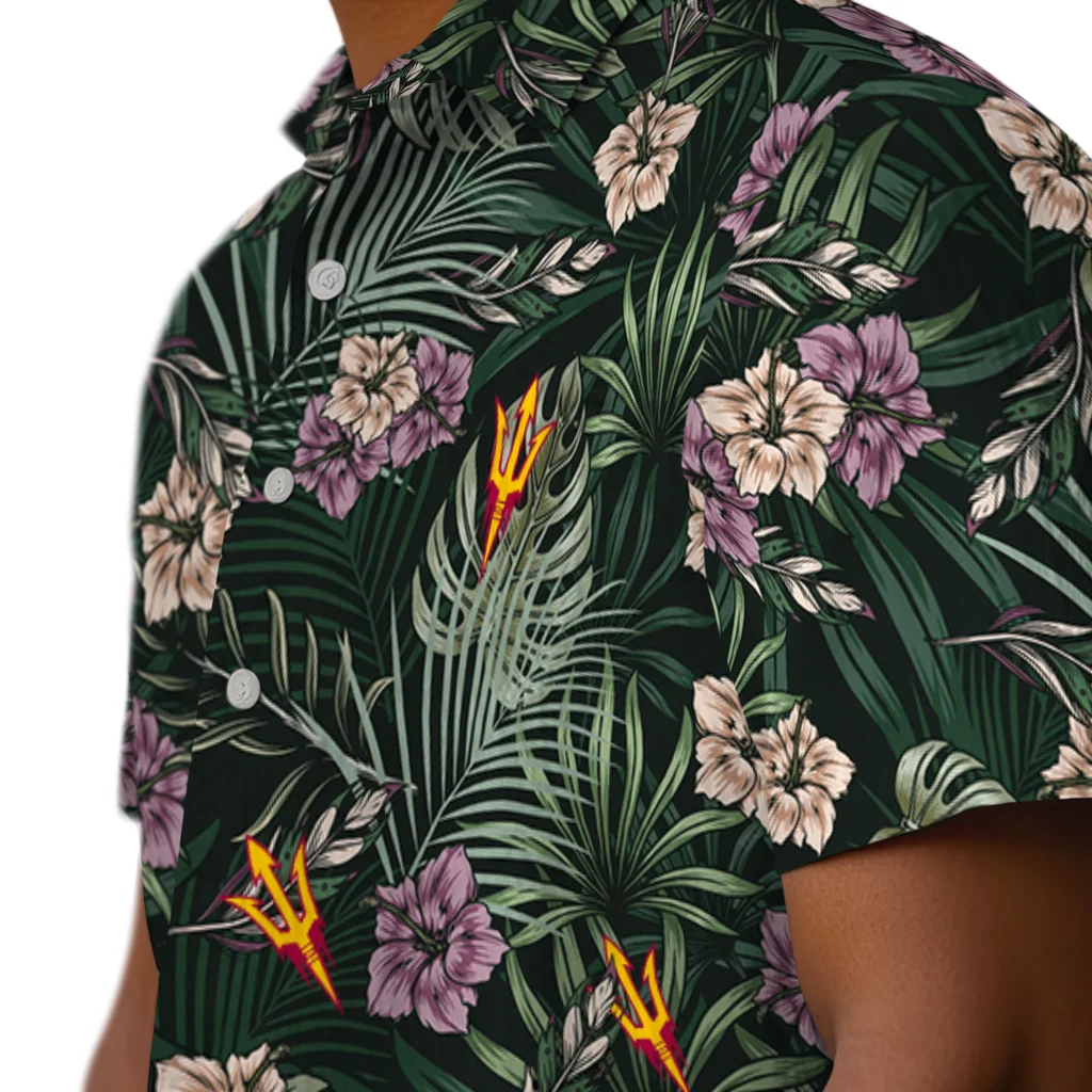 Arizona State Sun Devils Hawaiian Shirt - Hibiscus Leaves Pattern arizona state sun devils hibiscus leaves pattern green hawaiian shirts trendy