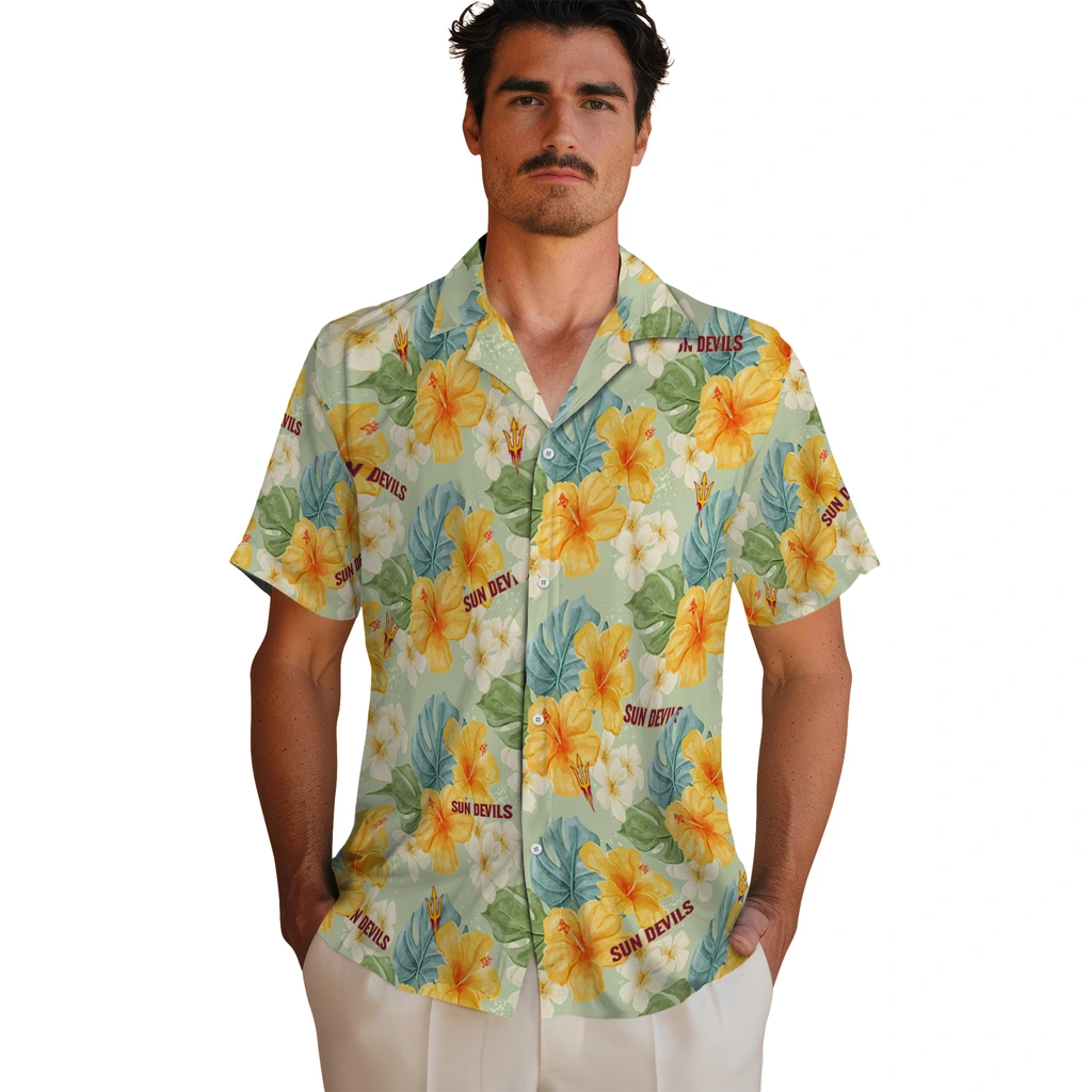 Arizona State Sun Devils Hawaiian Shirt - Hibiscus Mood arizona state sun devils hibiscus mood pale lime yellow hawaiian shirts fashion forward