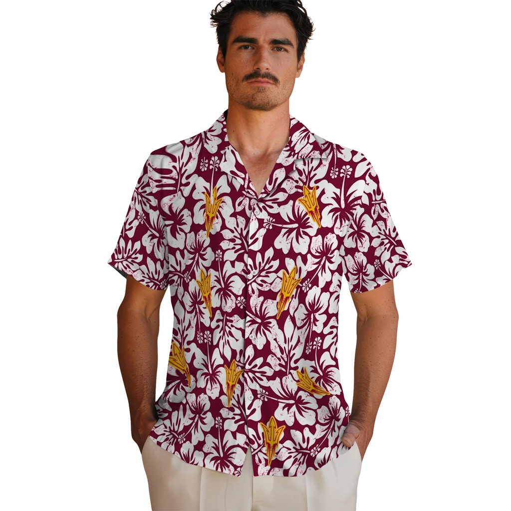 Arizona State Sun Devils Hawaiian Shirt - Hibiscus Motif arizona state sun devils hibiscus motif maroon white hawaiian shirts fashion forward