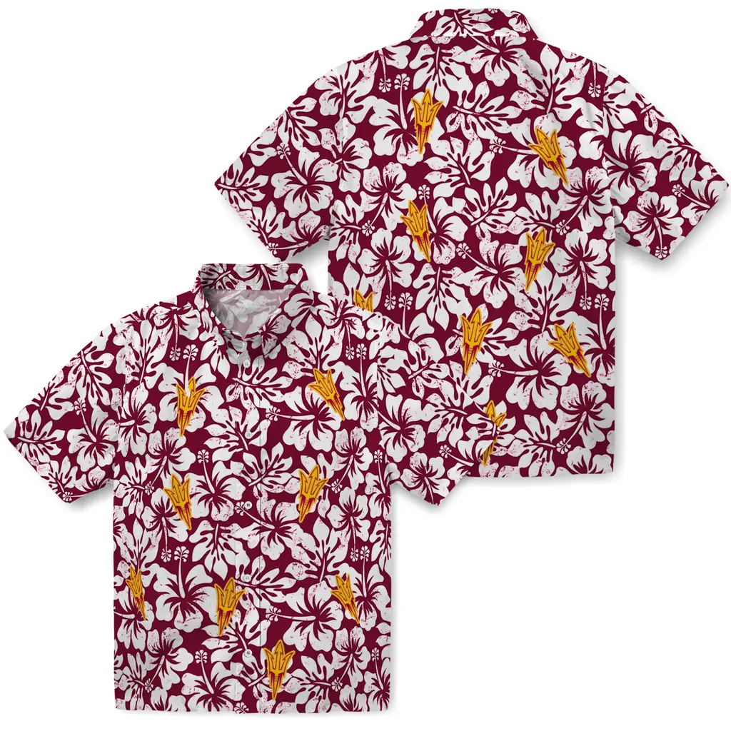 Arizona State Sun Devils Hawaiian Shirt - Hibiscus Motif arizona state sun devils hibiscus motif maroon white hawaiian shirts high quality