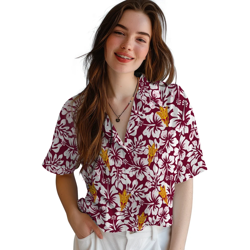 Arizona State Sun Devils Hawaiian Shirt - Hibiscus Motif arizona state sun devils hibiscus motif maroon white hawaiian shirts latest model