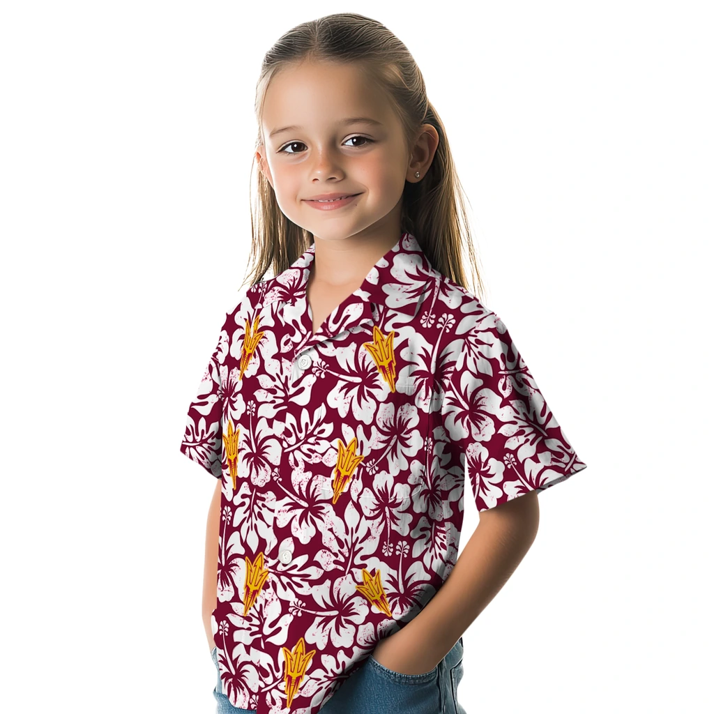 Arizona State Sun Devils Hawaiian Shirt - Hibiscus Motif arizona state sun devils hibiscus motif maroon white hawaiian shirts premium grade